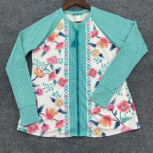 Beach House Floral Rash Guard Women M Teal Pink UPF 50 Beach Surfing Summer Swim